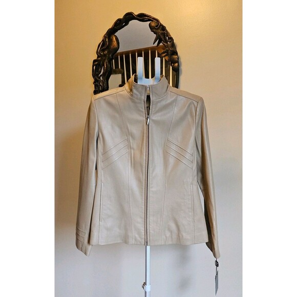 Kenneth Cole Vintage Y2K Tan Leather Fitted Zip Moto Jacket Womens Sz L New NWT - Picture 1 of 6